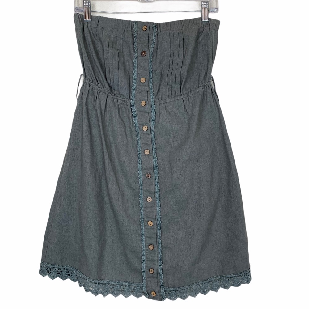 Blue Bird Linen Strapless Wooden Button Mini Dress